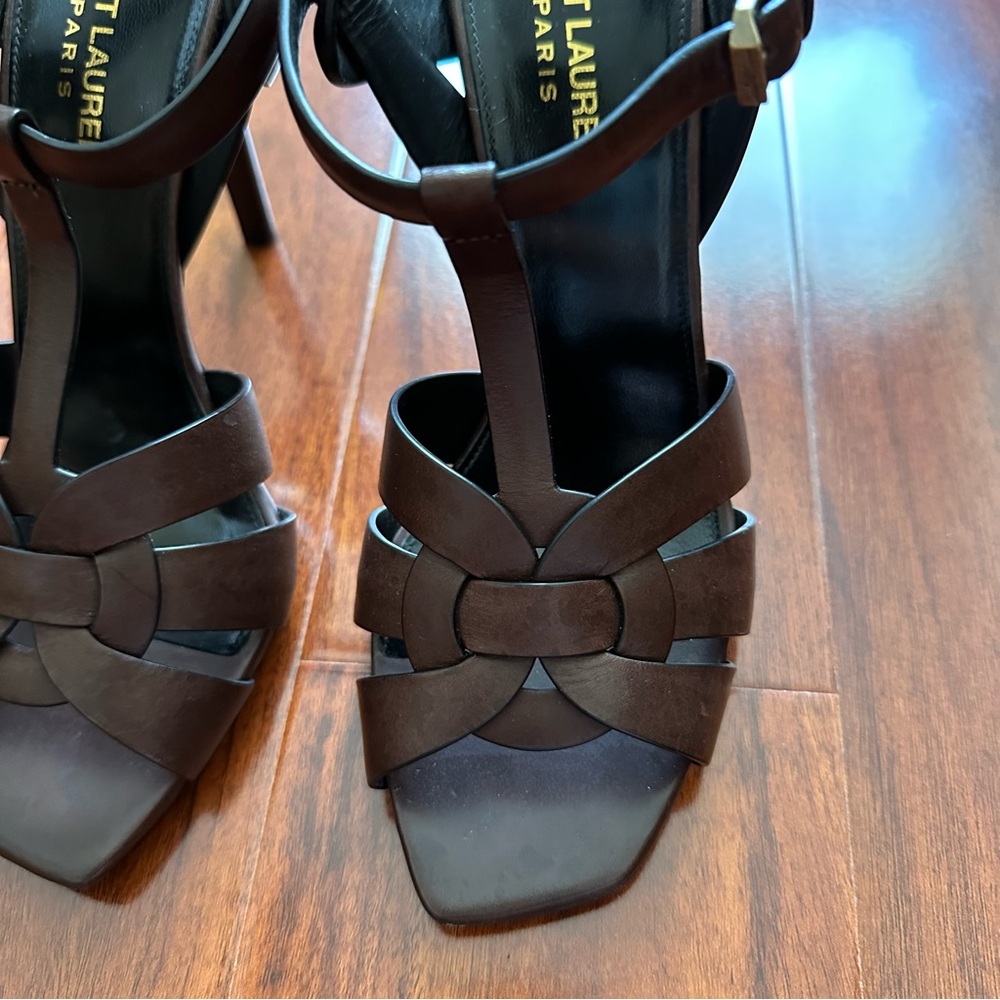 Saint Laurent Tribute Toffee Brown Woven Calf Leather High Heeled Sandals - Picture 5 of 15